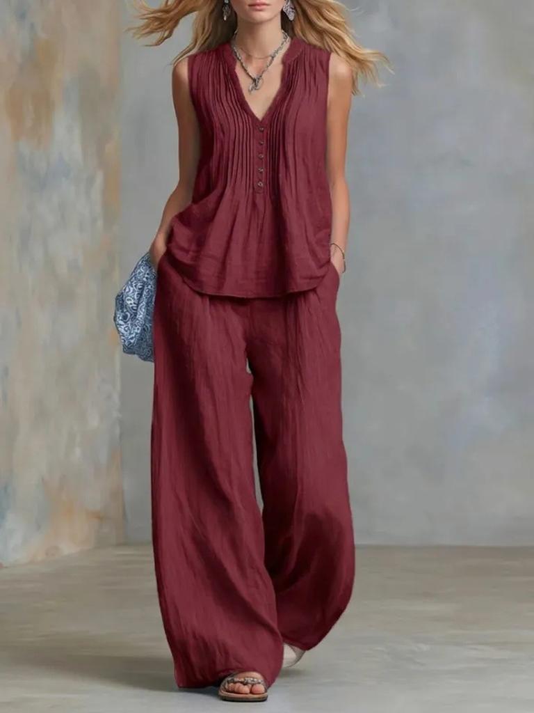 Women's Fashion Casual Solid V-Neck Ruched Loose Sleeveless Casual Wide Leg Pants Two Piece Set