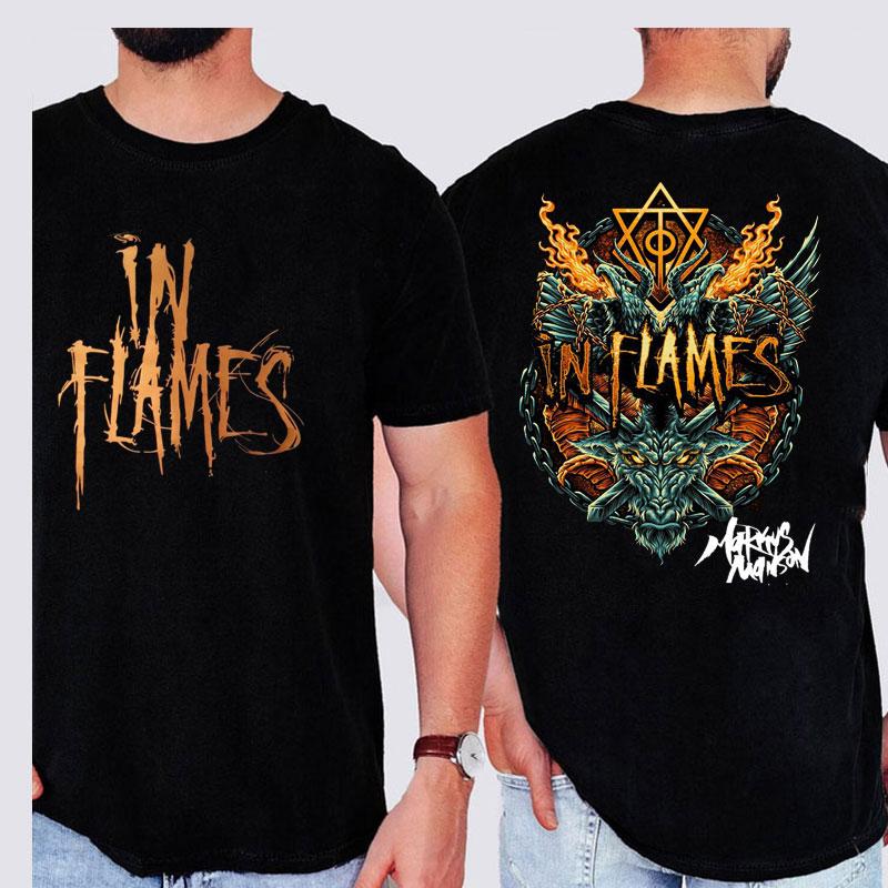 

New Style in Flames Official Tee Two Side Print T-Shirt Men s Casual Crewneck Short Sleeve Graphic T Shirts Metal Band Top S разноцветный