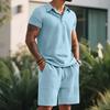 Men's Summer 2 Piece Outfit, Waffle Knit Polo Shirt and Elastic Waist Shorts, Casual Tracksuit for Beach Streetwear