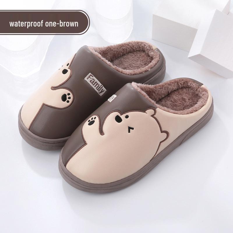 Women's and Men's Non-Slip Waterproof PU Leather Indoor Winter Slippers - Warm and Cute for Couples