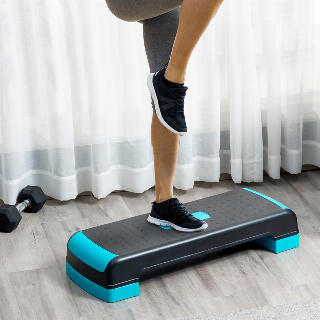 Adjustable Aerobics Stepper, 3-Stage, 10, 15, and 20cm Heights, Made of Plastic. Black and Blue