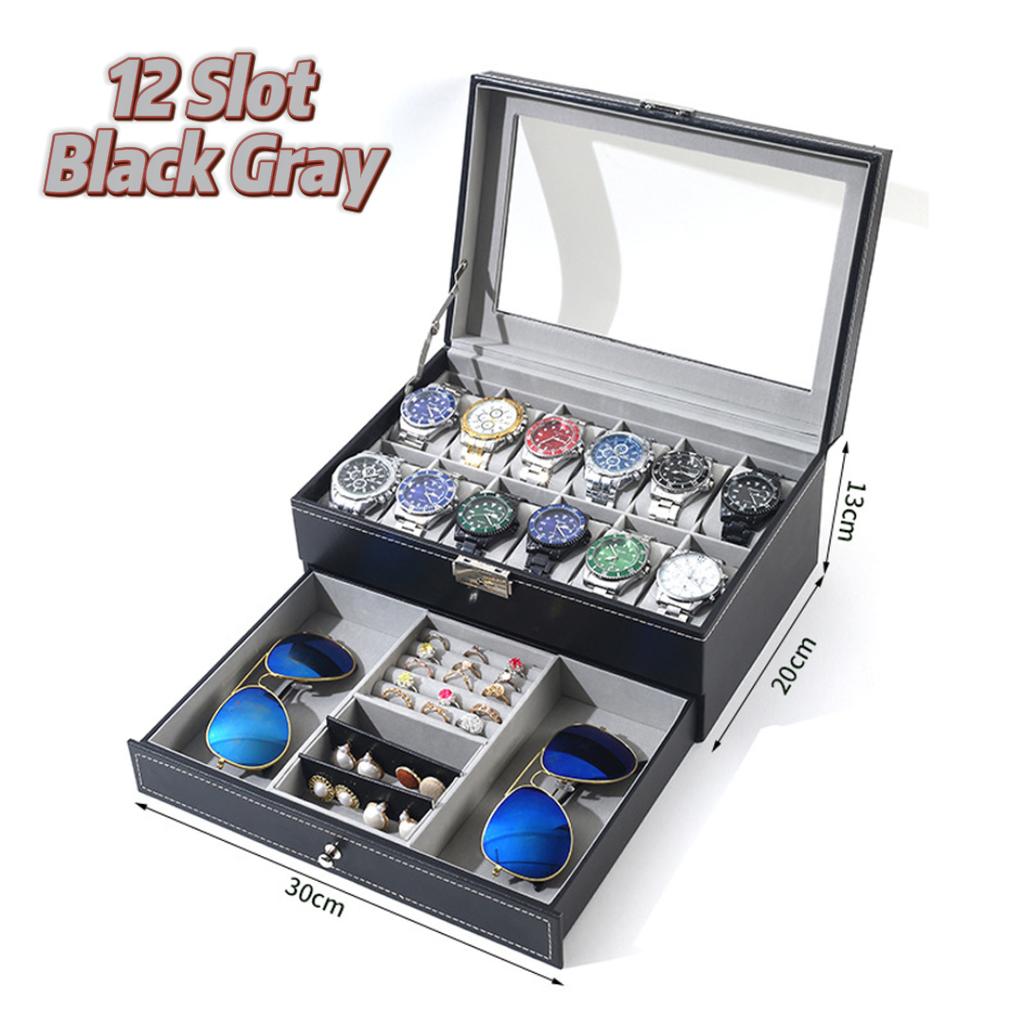 12-Slot Lockable Synthetic Leather Watch Display Box with Lockable Drawers,Double Layer,Heavy-Duty Watch Storage Case