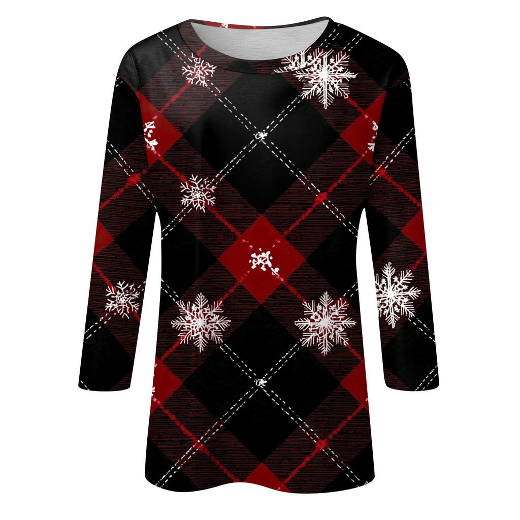3/4 Sleeve Shirts For Women Print Christmas Tees Blouses Casual Plus Size Basic Tops Pullover