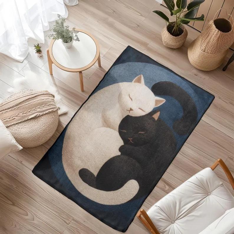 Yin Yang Cat Carpet Black and White Cat Large Carpet Cute Cartoon Realistic Cat Door Mat Bedroom Living Room Home Decoration Rug