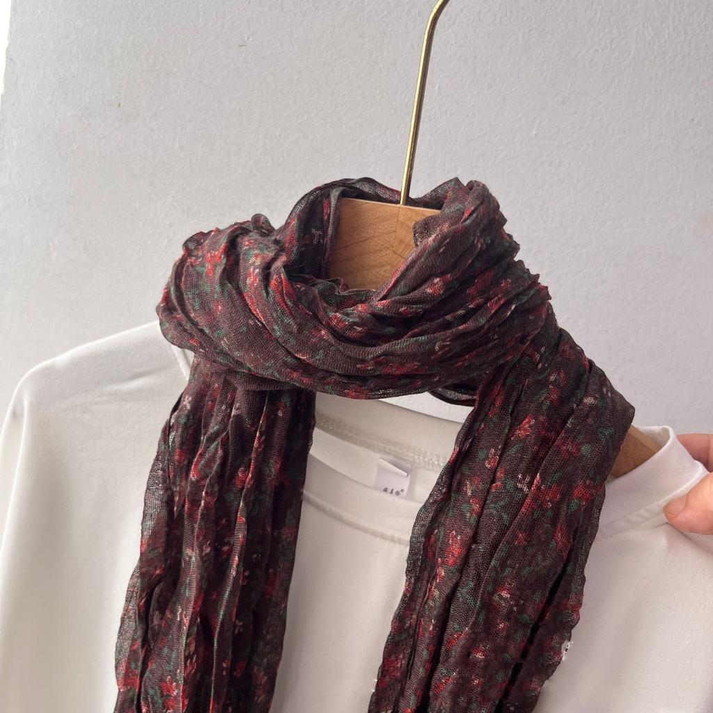 New Retro Literary Imitation Cotton And Linen Pleated Thin Versatile Shawl Small Floral Scarf Yarn Japanese Fashion Trend