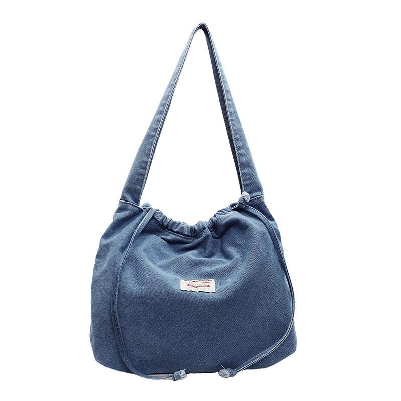 Drawstring Denim Tote Bag For Women With Tophandle Design And Large Capacity For Daily Use