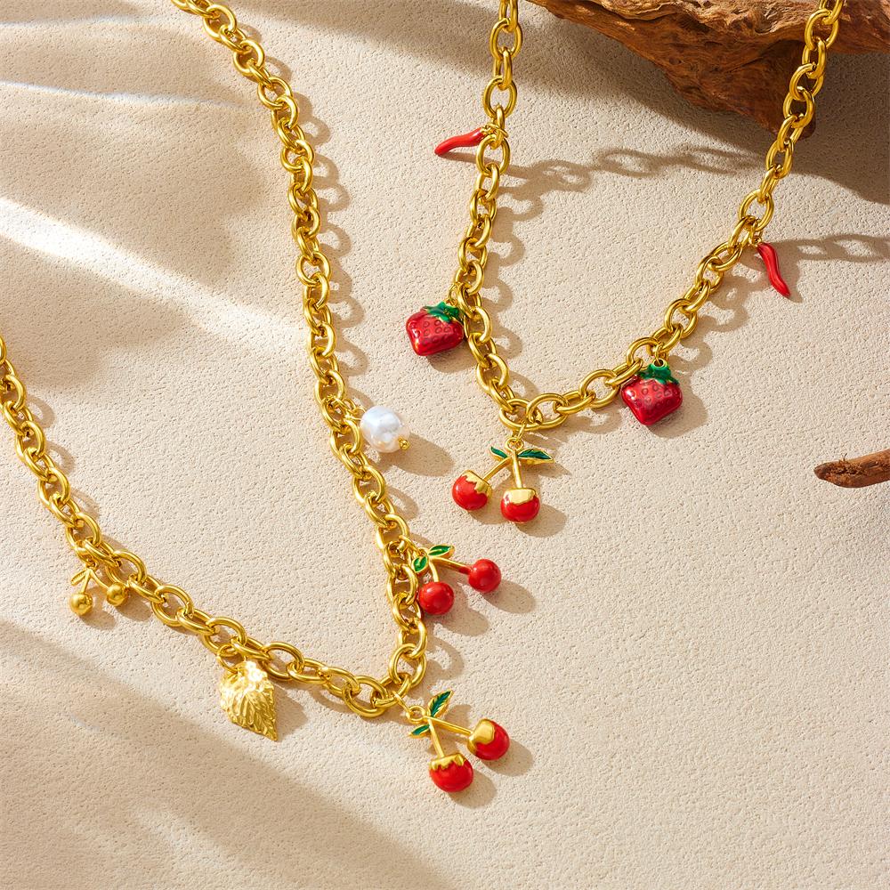 DIEYURO 316L Stainless Steell Cherry Strawberry Fruit Series Necklace For Women Lady New Fashion Neck Chain Jewelry Party Gift