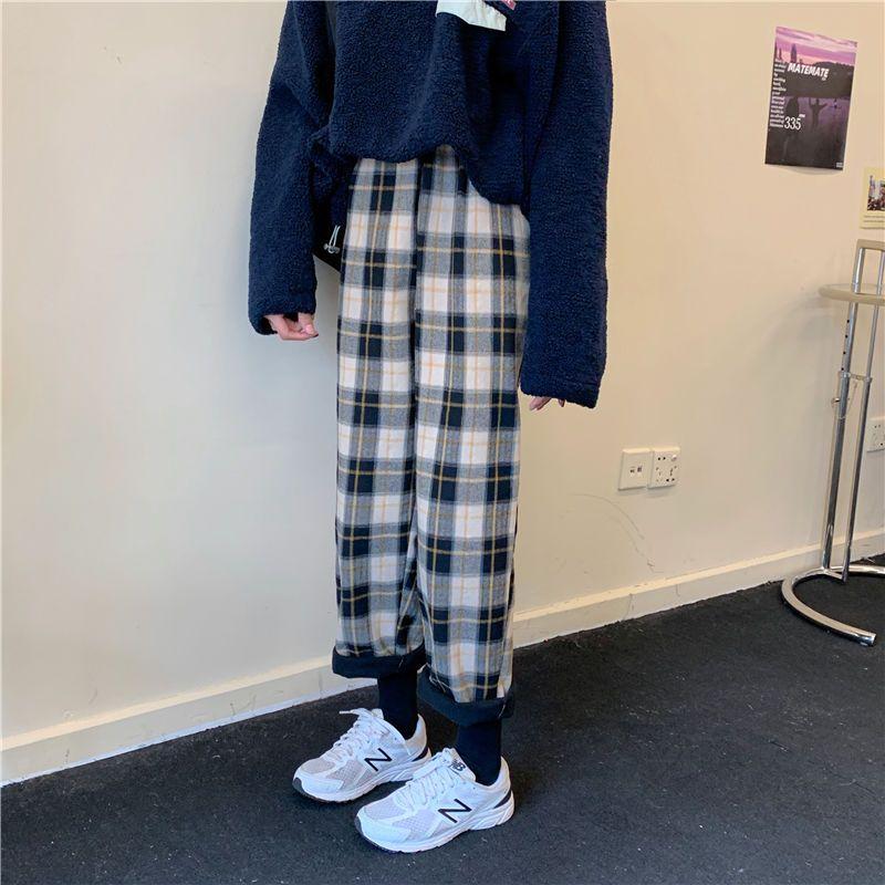 

Клетчатые брюки Харадзюку Женские повседневные прямые брюки Корейский дизайнер Свободные брюки Брюки оверсайз с высокой талией
