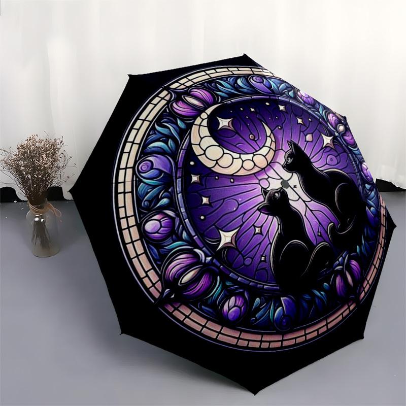 1pc Stained Glass Cats Moon Night Umbrella with Plastic Handle,Suitable for All Seasons Home Travel Outdoor UmbrellaDD063