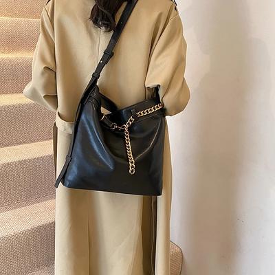 Bolsa de ombro feminina de PU com corrente, bolsa tote casual, grande capacidade, fecho sólido, moda