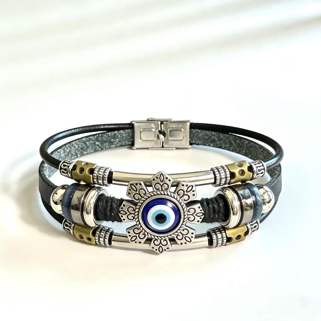 European Retro Blue Evil Eye Beaded Leather Bracelet