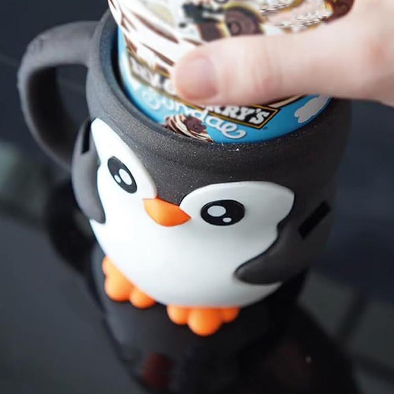 Sevimli Penguen Dondurma Pint Tutucu, 3D Baskı Dondurma Pint Kapları Antifriz Saplı Kaşıklar Bira Kutusu Bardak Kılıfı