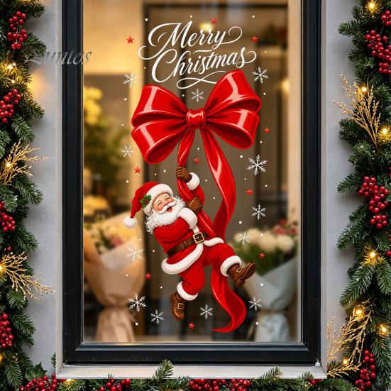 Static Glass Stickers Sticker, Christmas Theme Bow Pattern Print, Removable Film Electrostatic PVC for Home And Store Doors Party Supplies