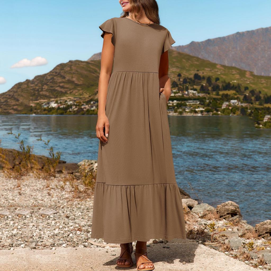 Damen Sommer Freizeitkleider Kurzarm Rundhalsausschnitt Locker Fließendes Strandkleid Mit Taschen