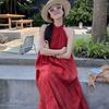 New Chinese Retro National Style Jacquard Red Neck Dress Women's Summer Seaside Vacation Temperament Big Pendulum Long Skirt