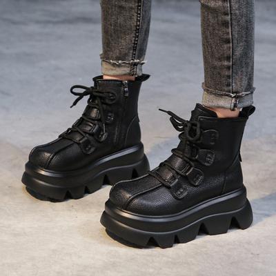 Plattform Knöchel Frauen Wohnungen Schnee Stiefel High Heels Leder Schuhe Winter Casual Sneakers 2025 Trend Sport Lace Up Retro Botas Mujer