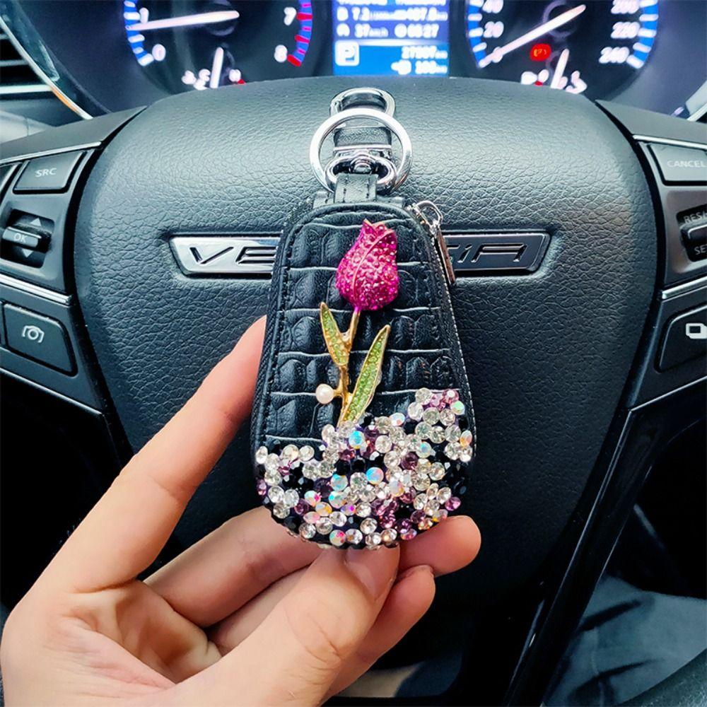 Crystal Flower Remote Key Bag Leather Crystal  Keychains Key Cover  Car Key Cover