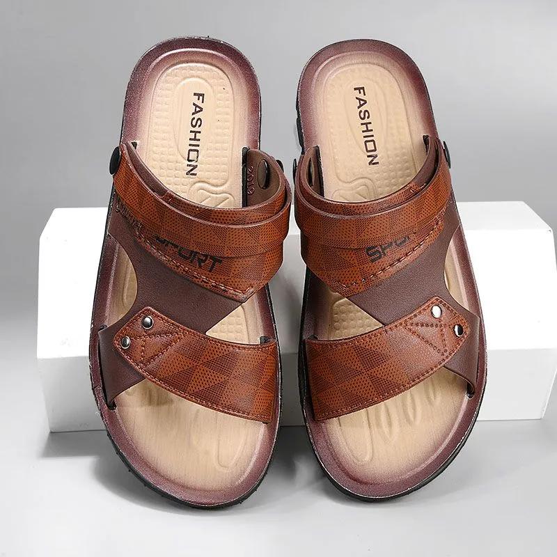 Leather Sandals for Men Summer Beach Shoes Men's Casual Slippers Non-slip Open-toe Sandals Shoes Male
