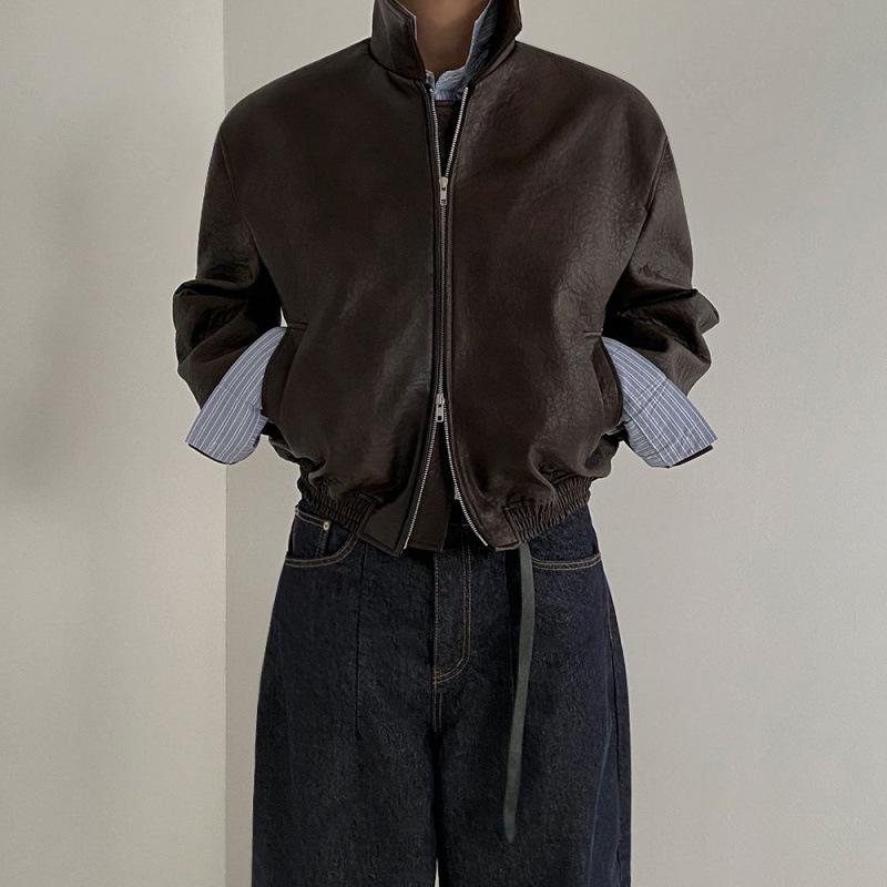 

Короткая кожаная куртка в стиле ретро, мужская весенняя куртка со свободными лацканами, модная куртка из потертой кожи в корейском стиле M коричневый