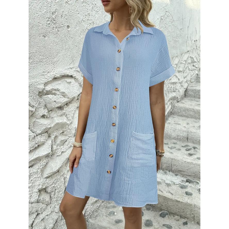 YYFS Dámská móda Léto Jaro Jednobarevný potisk Krátký rukáv POLO Neformální šaty s volným pasem