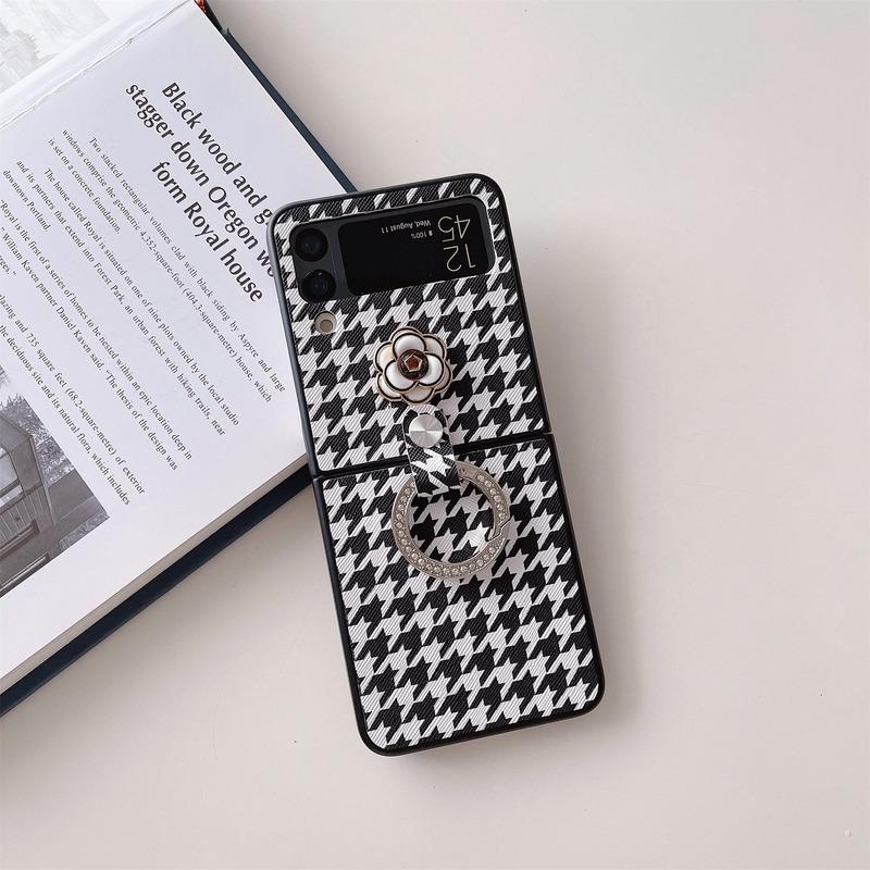 Stylish Luxury Cute 3d Camellia Houndstooth Pu Leather Phone Case For Samsung Galaxy Zflip4 Z Flip 3 5g With Portable Ring Cover