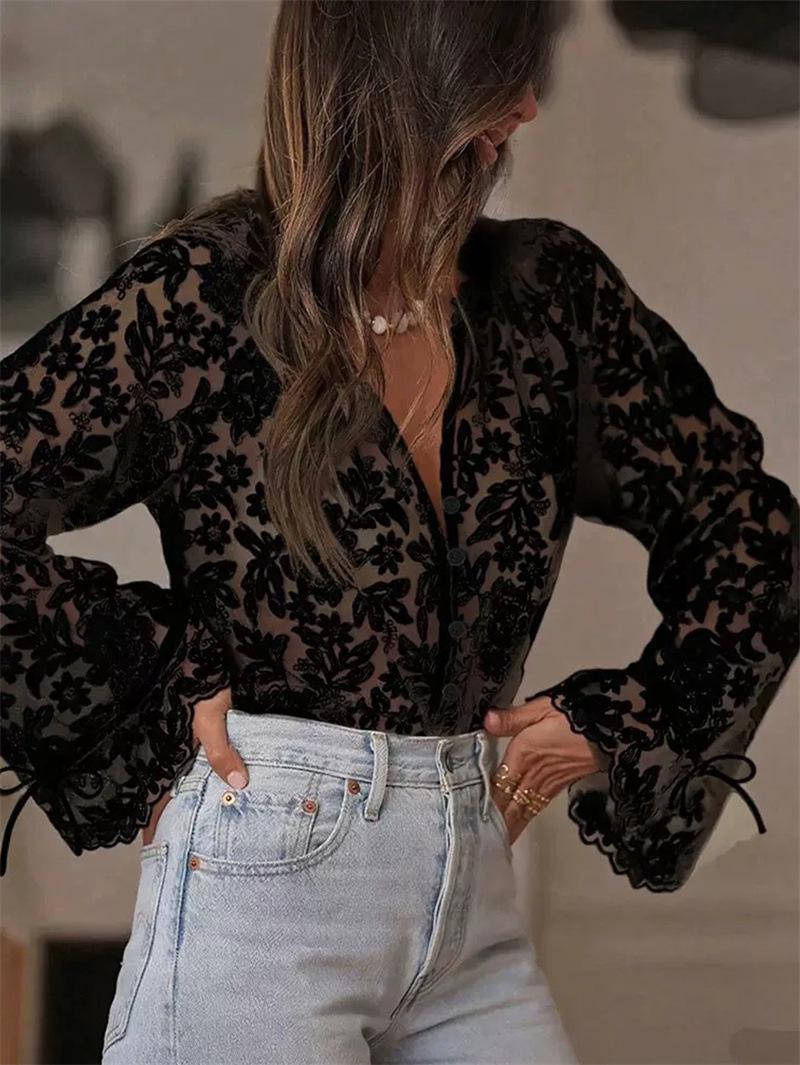 2025 Japanese & Korean Style Women s Casual Lace Shirt чёрный