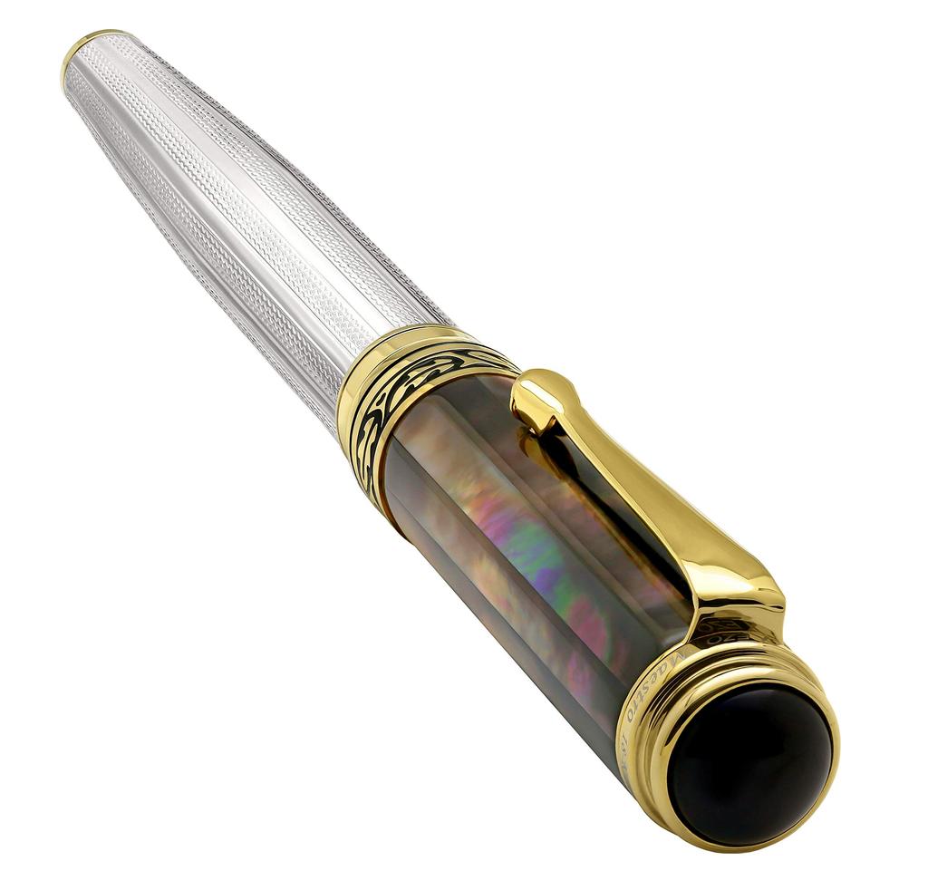 Xezo Master Pearl Fine Point Fountain Pen Crafted from Solid 925 Sterling Silver with Black Mother of Marine 18K Gold Origin. Plated.