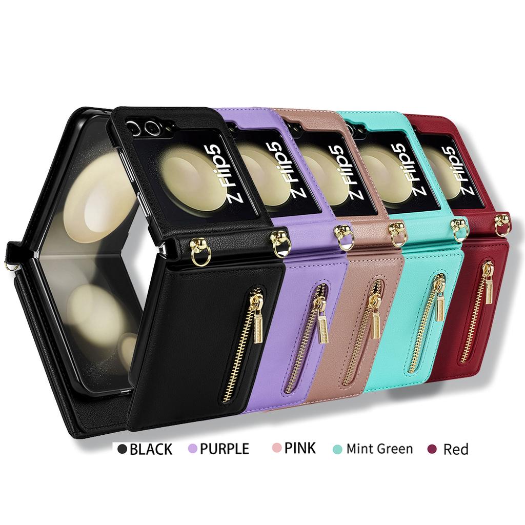 Crossbody Zipper Cards Solt Wallet Leather Case For Samsung Galaxy Z Flip 6 5 4 3 5G Flip6 Flip5 Triple Fold Pocket Purse Cover