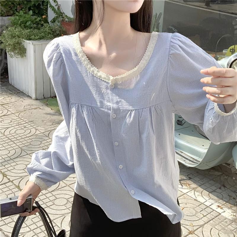 Autumn Korean New Style Fashionable Loose Lace Splicing Niche Design Long-sleeved Shirt Top for Women