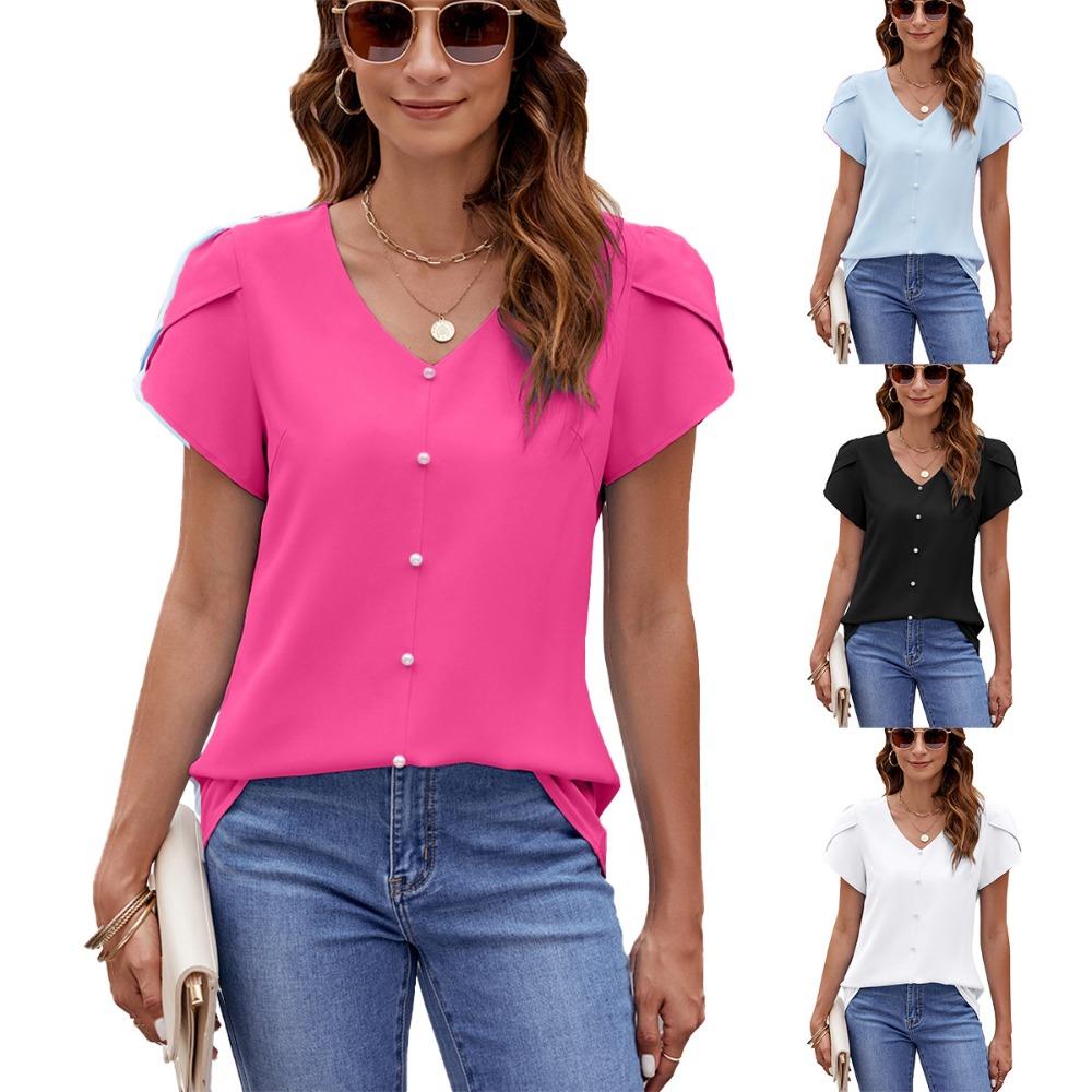 Women's V Neck Petal Short Sleeve Blouse Loose Fit Faux Pearl Button Decor Casual Summer Chiffon Top