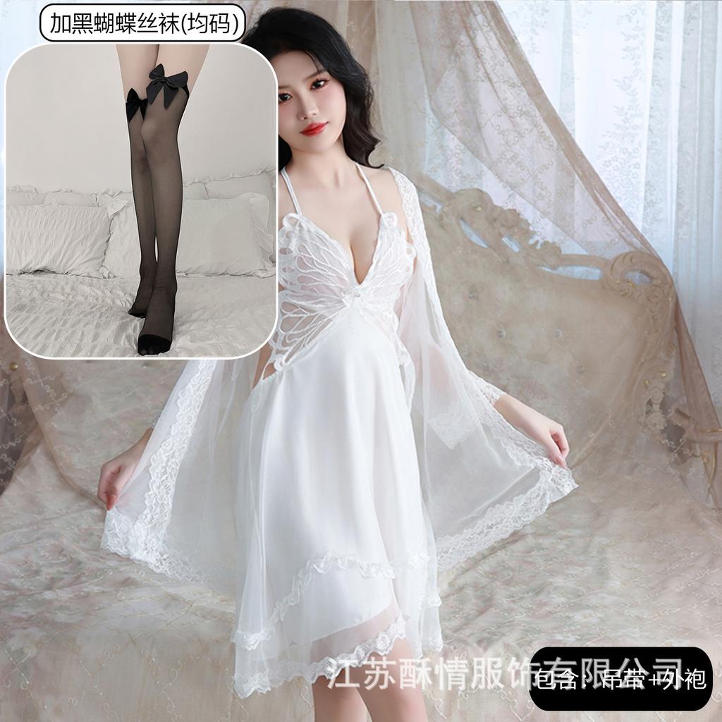 Sexy Underwear Big Butterfly Pure Desire Mesh Pajamas Plus Chest Pads Gather Nightgown Robe Women's Loungewear Set