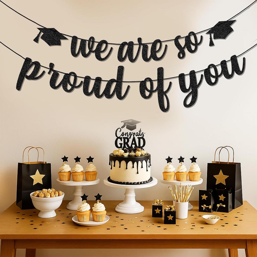 We Are So Proud of You Banner – Black Glitter Graduation Decorations 2025, Pre-Strung Congrats Grad Banner for College, High School, Senior Party,