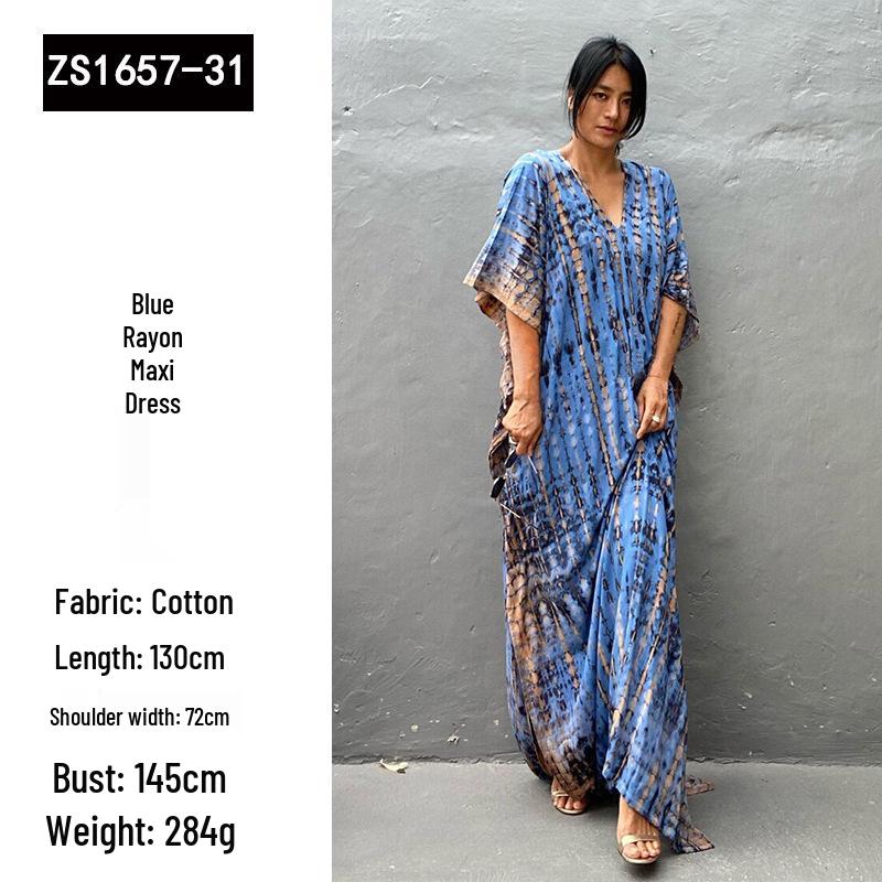 European & American Tie-dye Rayon Beach Dress: Loose, Long Seaside Vacation Robe & Bikini Cover-up with Sunscreen Shirt for Women