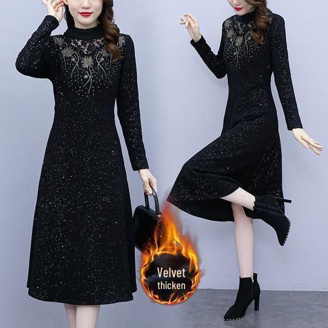 

Бархатное Утепленное Платье с Длинным Рукавом на Осень/Зиму - Миди, Приталенное, Свободного Кроя для Мам. 4XL (135-145 lbs)