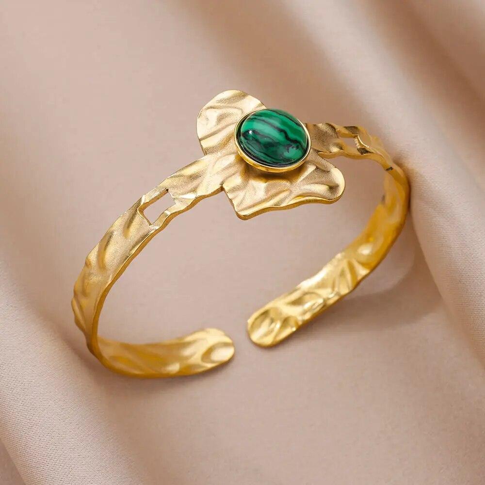 Artificial Green Stone Stainless Steel Cuff Bracelet for Women Gold Color Bangle Bracelets Female Vintage Jewelry Accessories