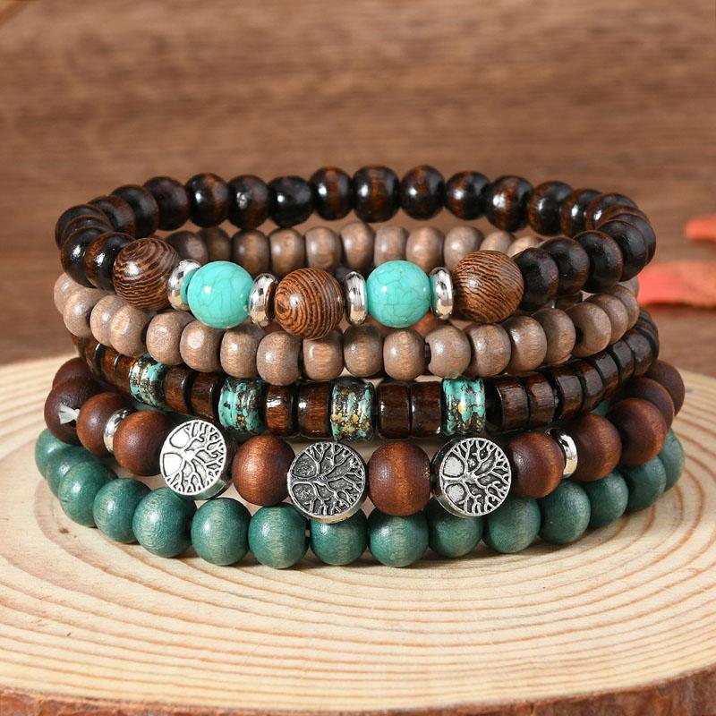 Lucky Life Tree Charm Hand  Gifts Boho Wood Beads Bracelets Women Men Layered Stackable Ethnic Style Beaded Wristbands