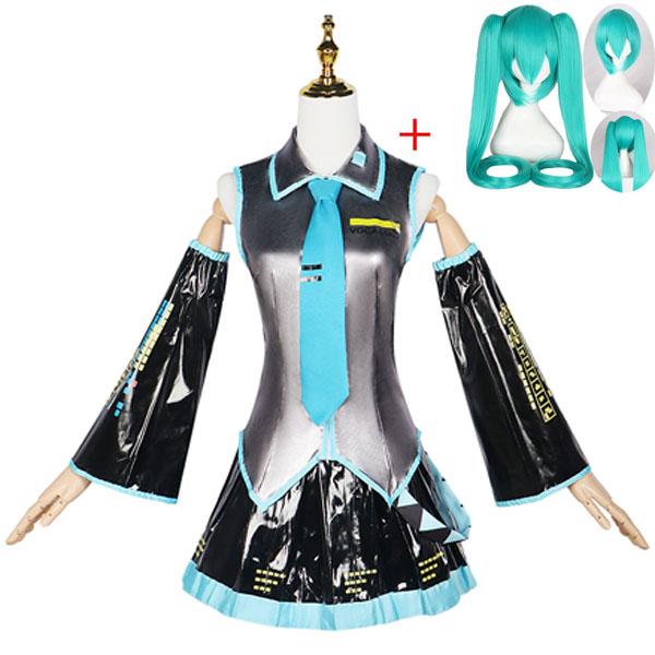 Anime Miku Cosplay Full Set Silver-Grey Patent Leather Fabric Costume Headwear Suit Outfit Jk Uniform Cosplay Halloween