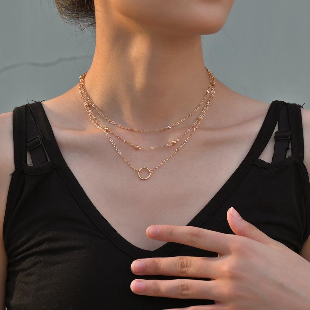 Personalized geometric ring multi-layer chain stacked women's necklace