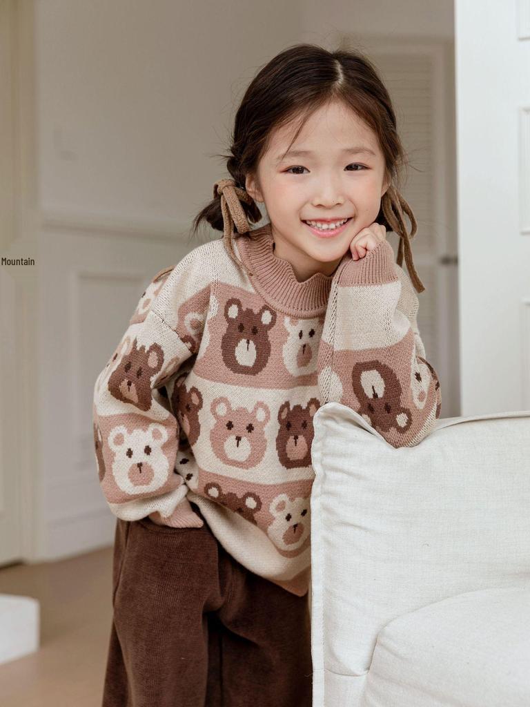 Girls' Wave Collar Cartoon Knit Pullover Sweater