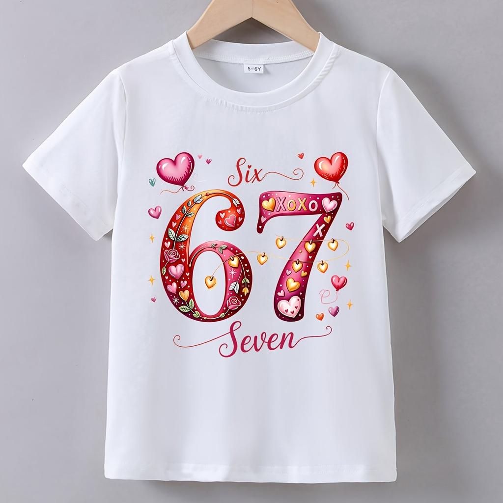 2026 Girls Fashion Tee 67 Heart Floral Pattern Soft Fabric Crew Neck Single Tee Breathable Daily Party Casual Wear