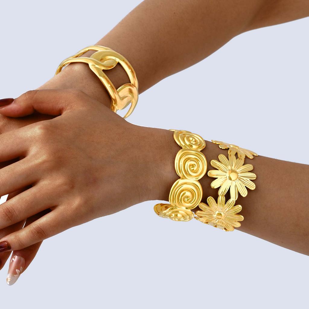 Exquisito Brazalete Abierto de Acero Inoxidable con Forma de Margarita para Mujer, Brazalete Dorado con Patrón Espiral, Joyería Impermeable Regalo