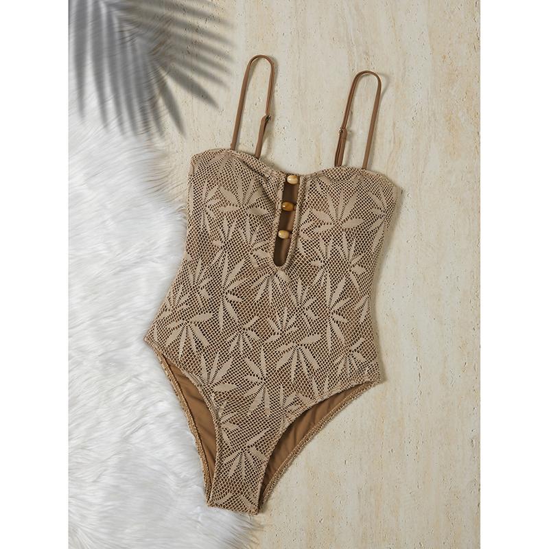 

Цельный купальник с принтом листьев, с вырезами, на бусинах, богемный, с контролем живота, сетчатый, женский S дубильная кора