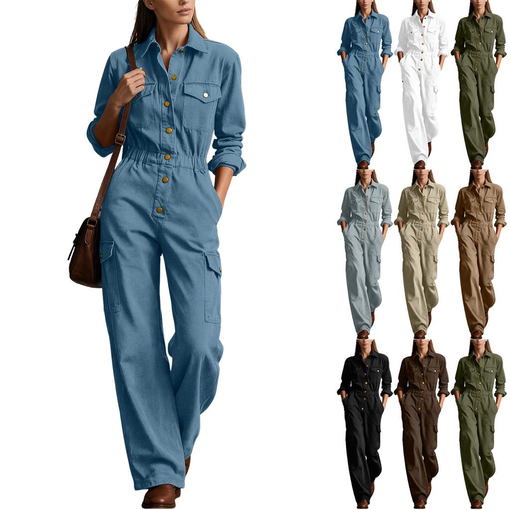 Women's Color Cargo Pocket Jumpsuit with Notched Collar, Long Sleeves and Fitted Waist