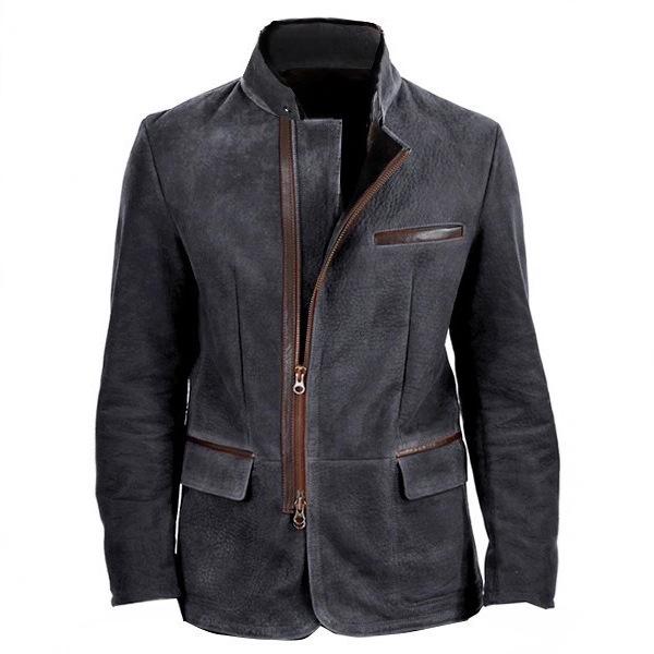 Men's Solid Color British Style Fitted Zipper Jacket with Flap Pockets