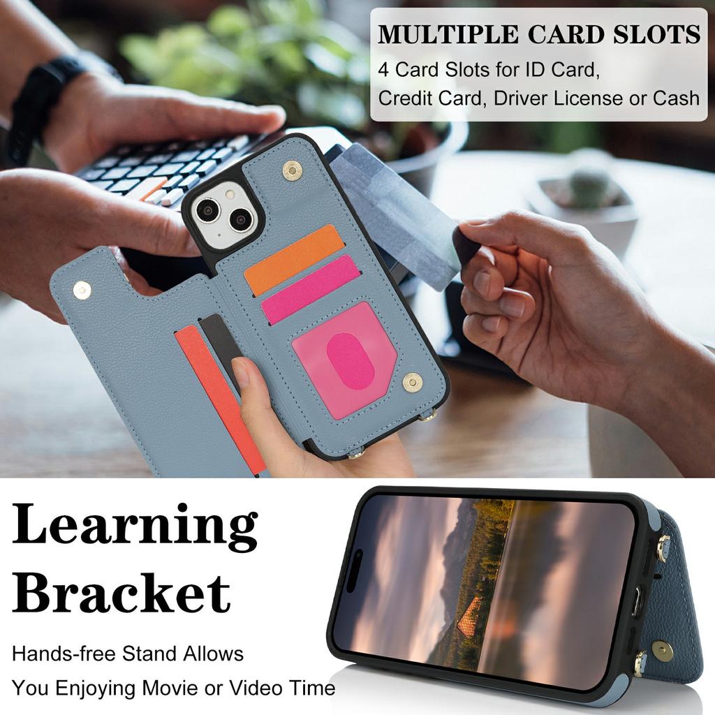 Pro iPhone 14 Plus/15 Plus Pouzdro s držákem na karty, Stojánkem, RFID blokováním PU+TPU Zadní kryt telefonu