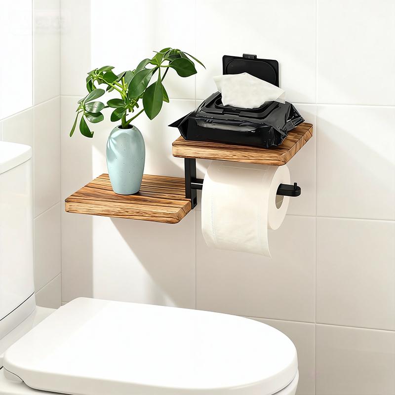 Wooden Wall Mounted Bathroom Wallpaper Rack Toilet Paper Roll Holder Black Hanging Tissue Roll Dispenser Kitchen Accessories