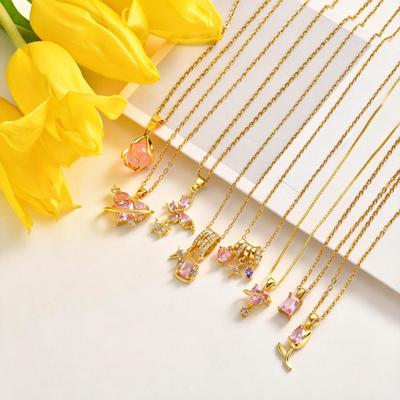 Pink Water Drop Zircon Pendant Necklace for Women Link Chain Tulip Flower Necklaces Luxury Daily Charm Jewelry Gift
