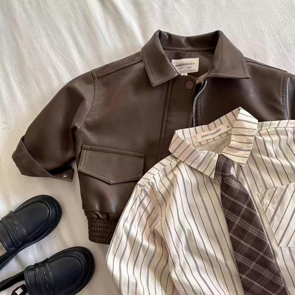 Baby Boys Girls Zipper Jackets Brown Lapel Collar Coats Korean Style Autumn Single Breasted Toddler Cardigans