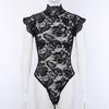 Women Exotic Sexy Underwear Turtleneck Transparent Lace Bodysuit Bow Sleeveless Cross Bandage Elegnat Erotic Lingerie Sex Dress
