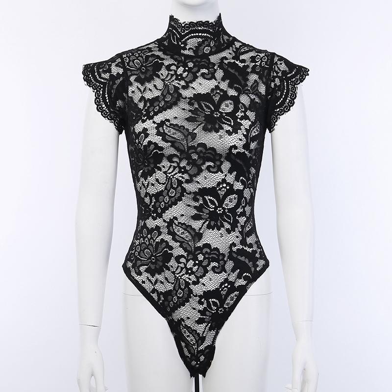 Women Exotic Sexy Underwear Turtleneck Transparent Lace Bodysuit Bow Sleeveless Cross Bandage Elegnat Erotic Lingerie Sex Dress